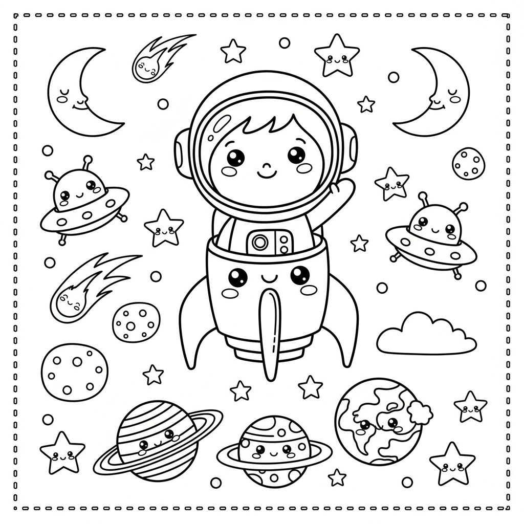 Space coloring page for kids - Standard style