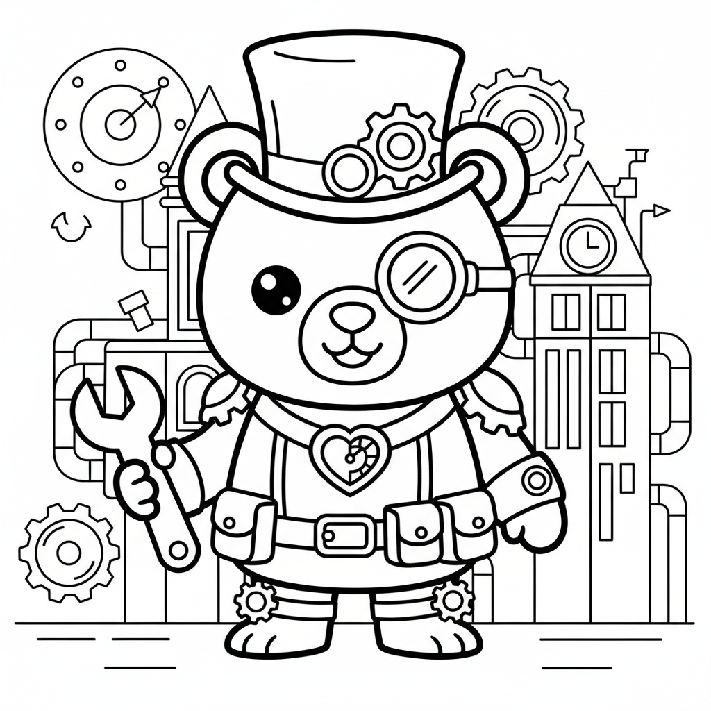 Bear coloring page for everyone - Steampunk style