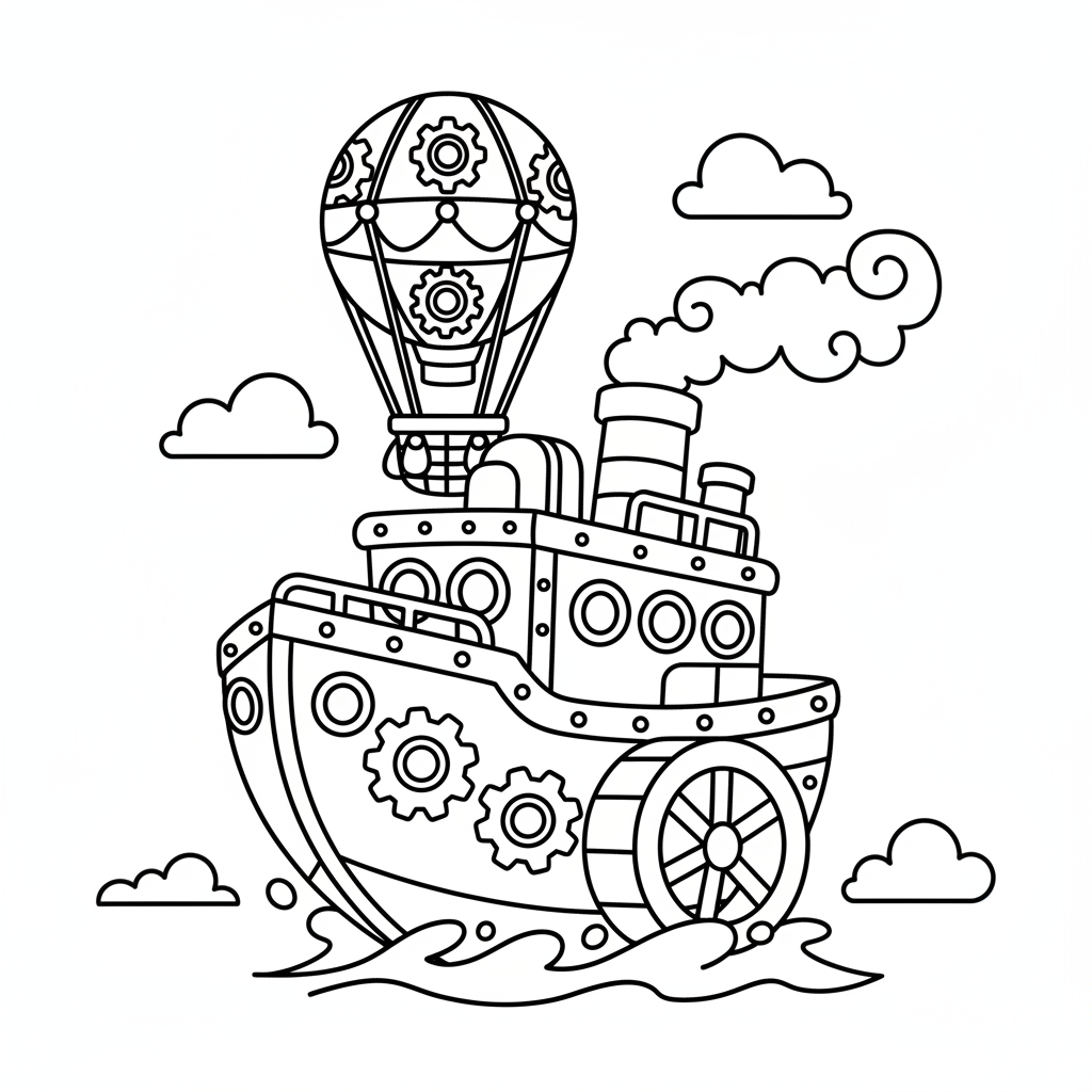 Boat coloring page for everyone - Steampunk style