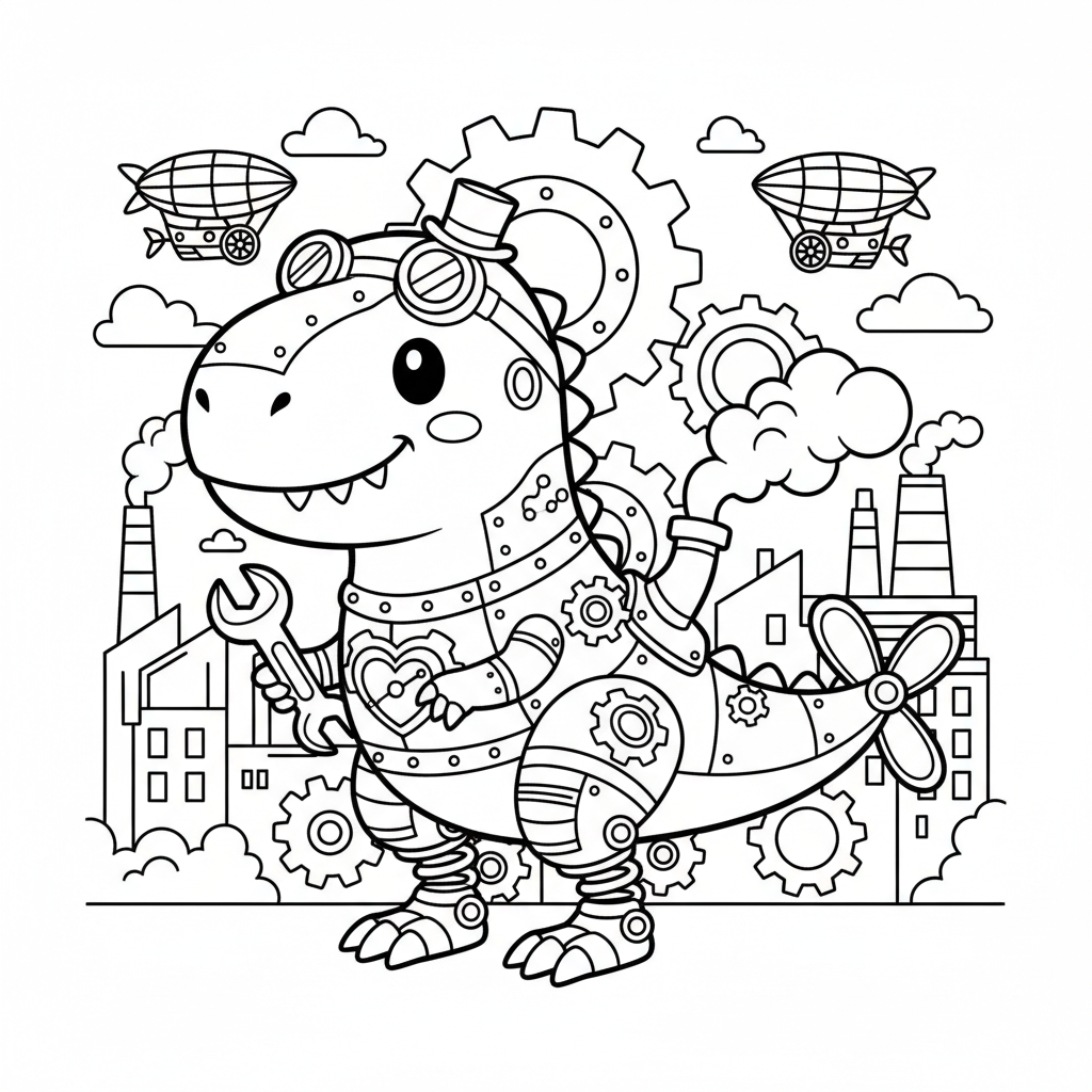 Dinosaur coloring page for everyone - Steampunk style