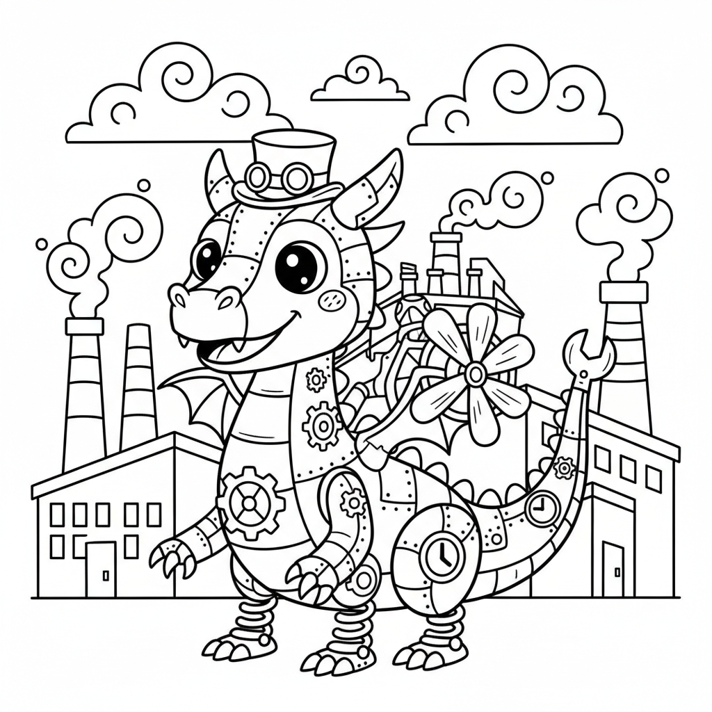 Dragon coloring page for everyone - Steampunk style