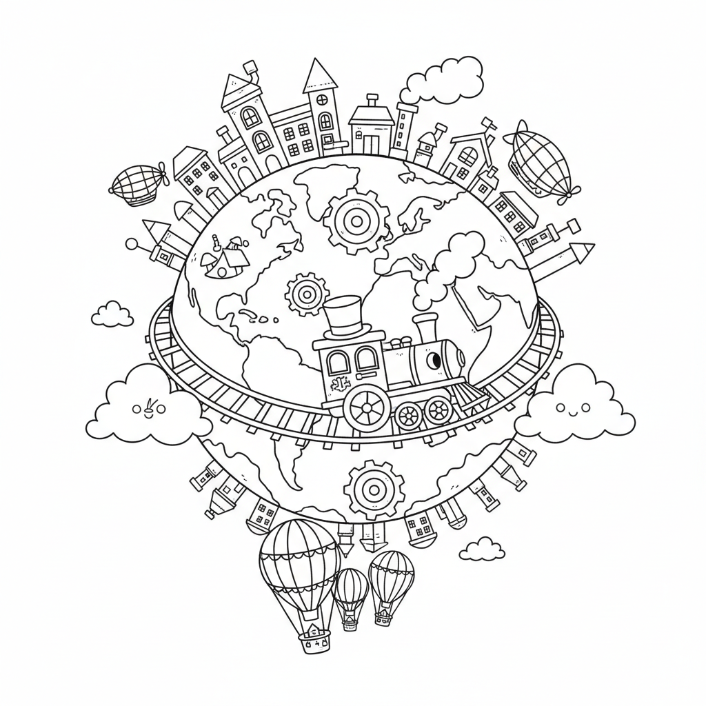 Earth coloring page for everyone - Steampunk style