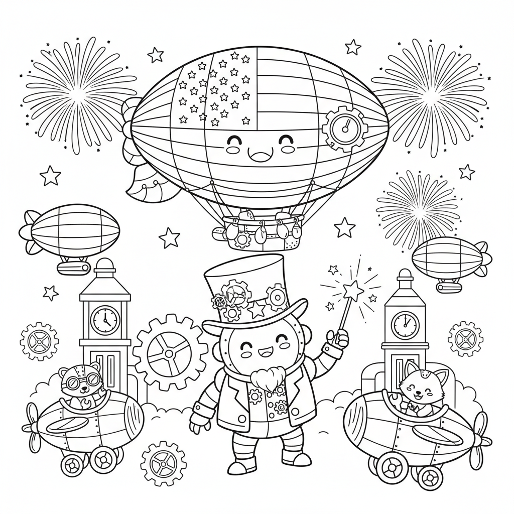 Fourth of July coloring page for everyone - Steampunk style