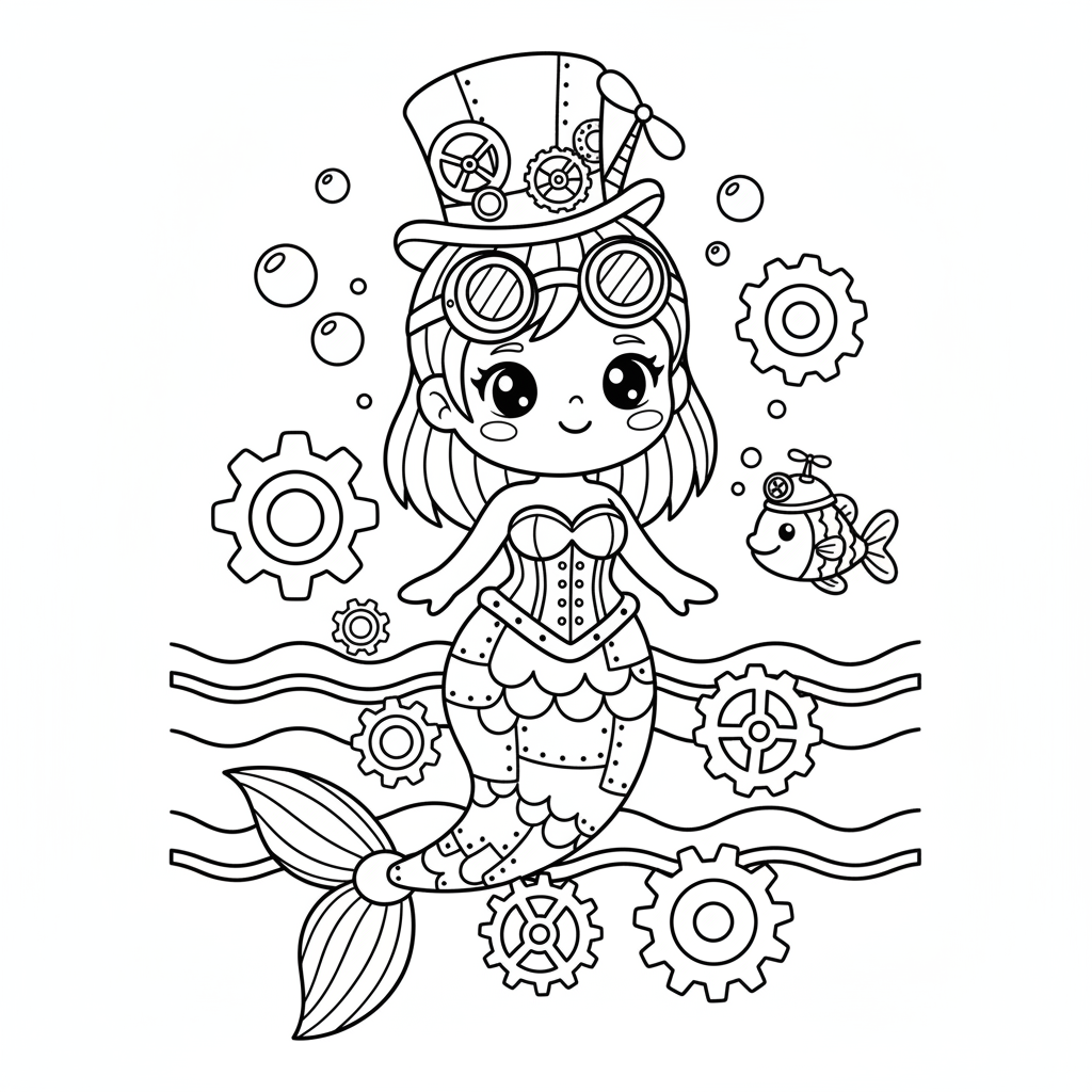 Mermaid coloring page for everyone - Steampunk style