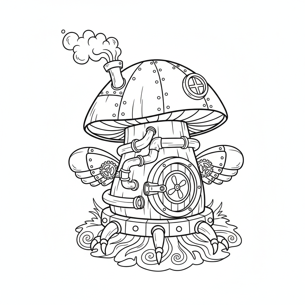 Mushroom coloring page for everyone - Steampunk style