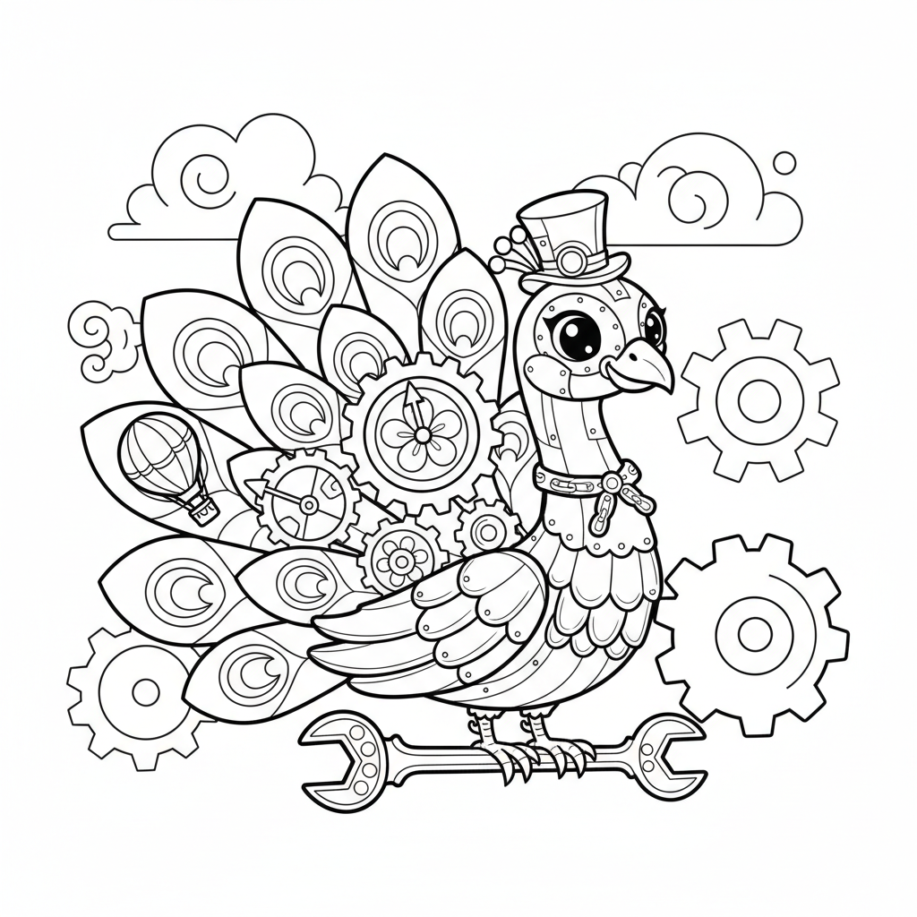 Peacock coloring page for everyone - Steampunk style