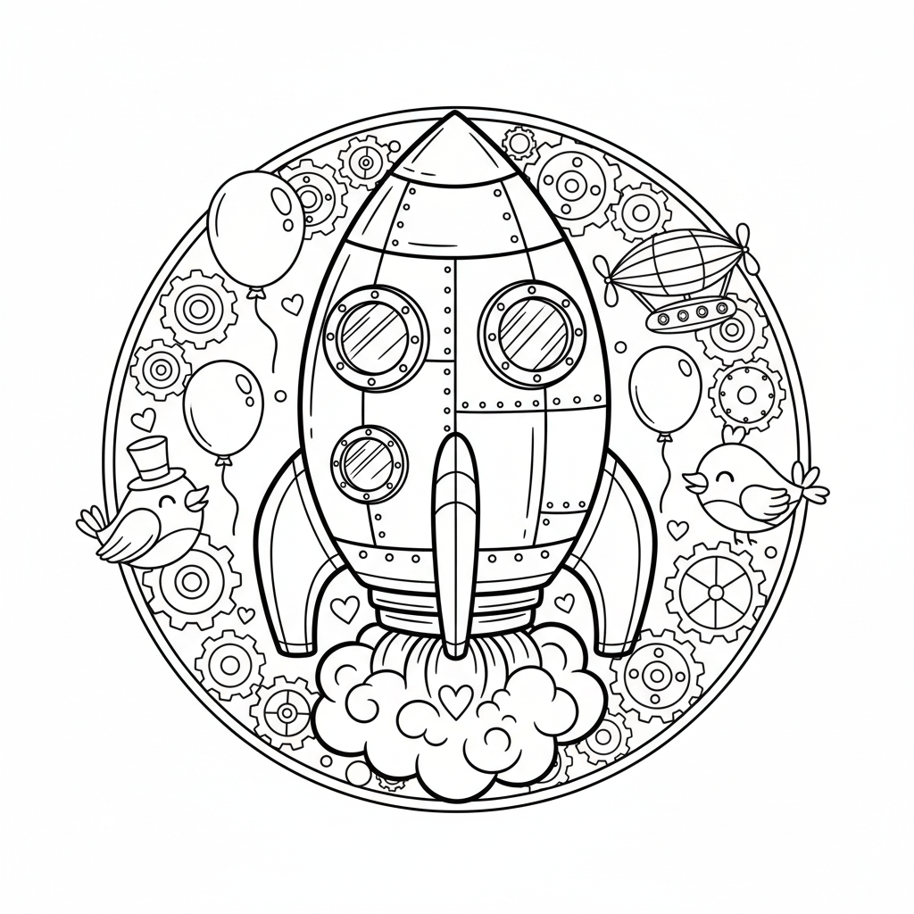 Rocket coloring page for everyone - Steampunk style