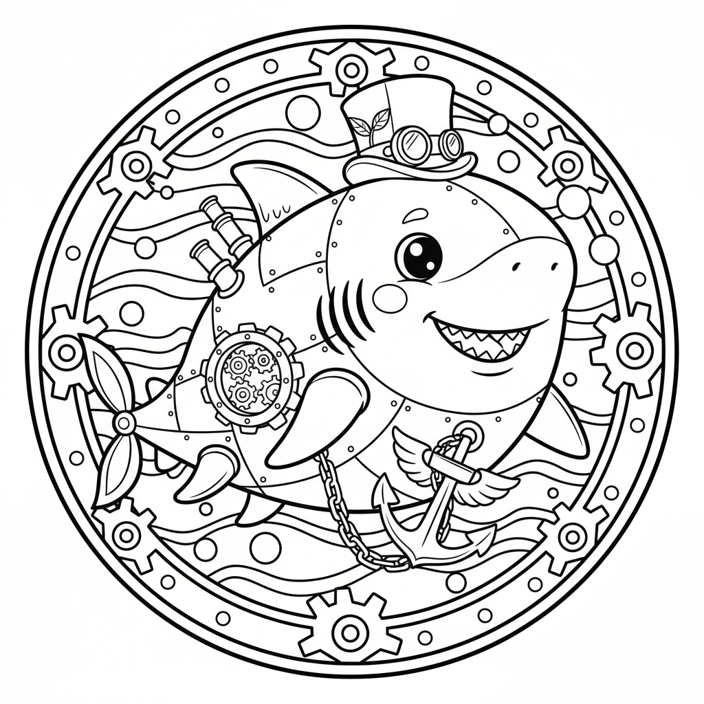 Shark coloring page for everyone - Steampunk style