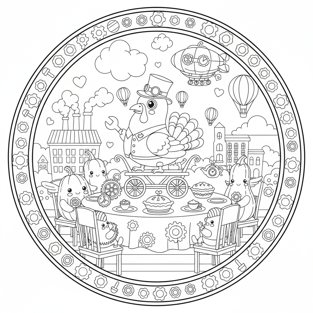 Thanksgiving coloring page for everyone - Steampunk style