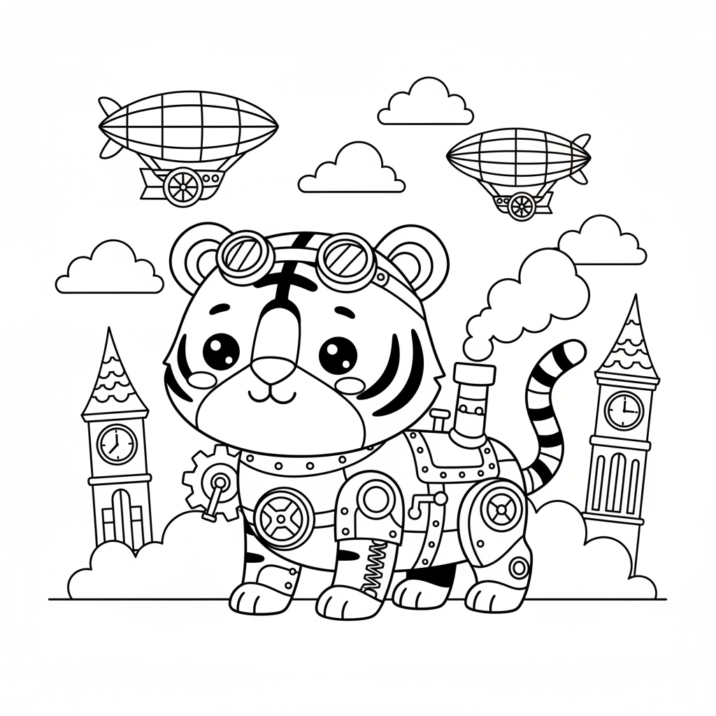 Tiger coloring page for everyone - Steampunk style