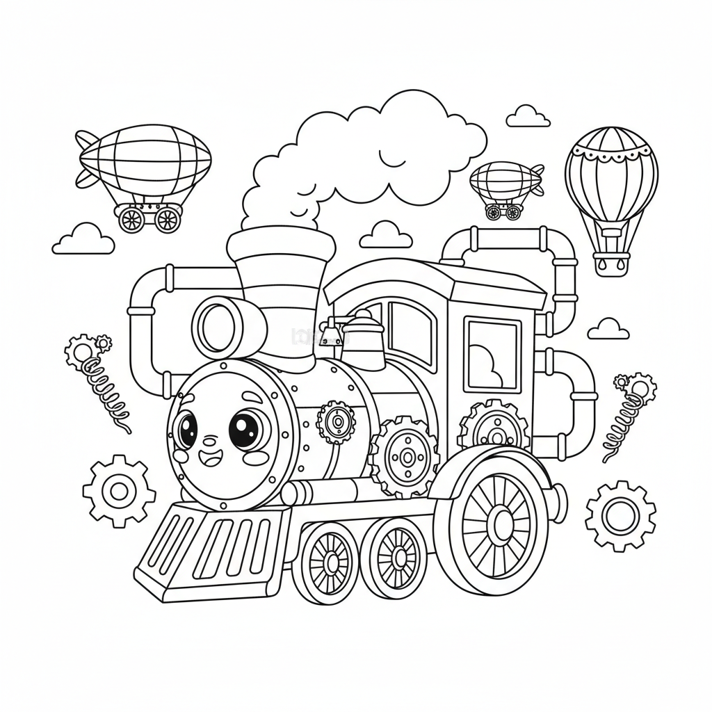 Train coloring page for everyone - Steampunk style