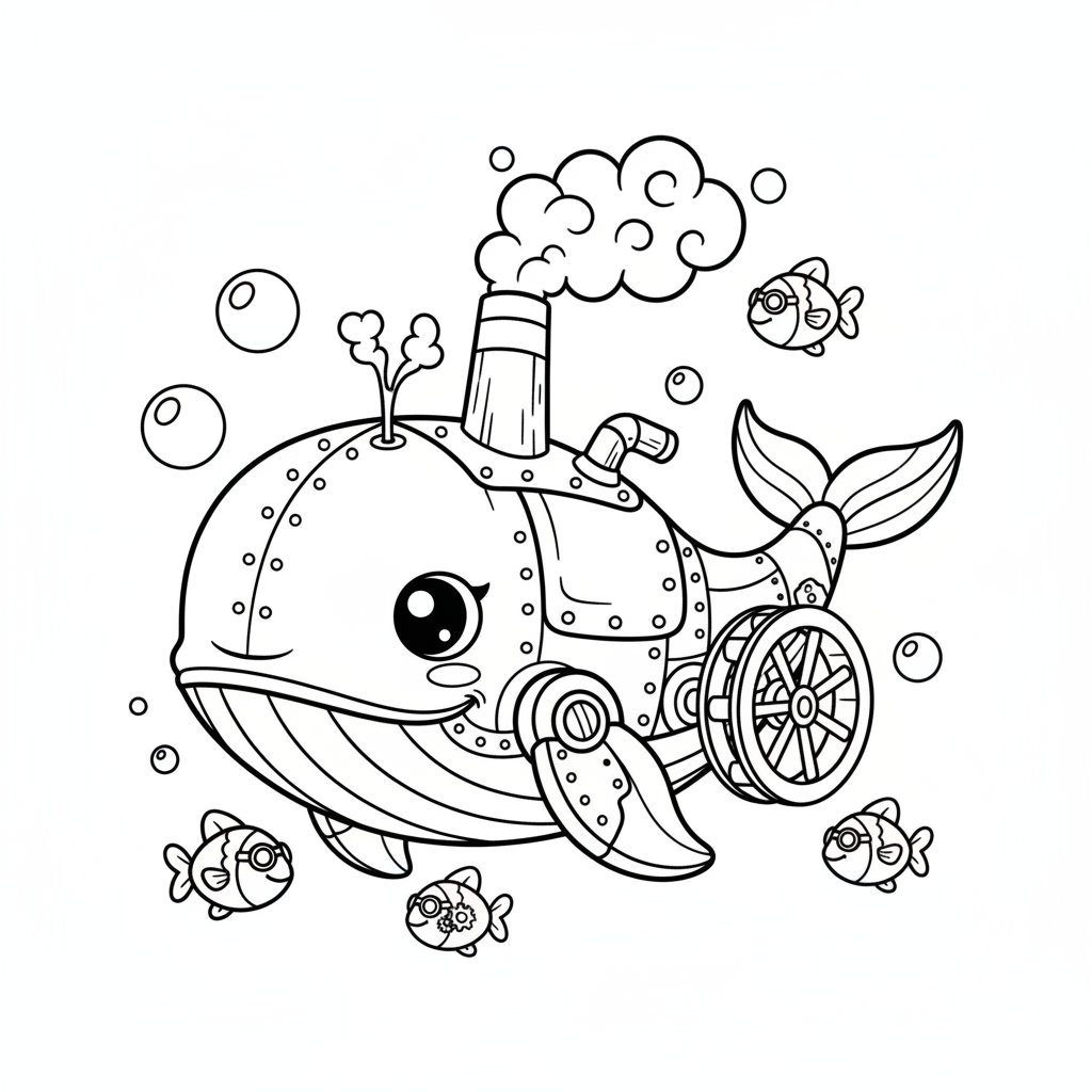 Whale coloring page for everyone - Steampunk style