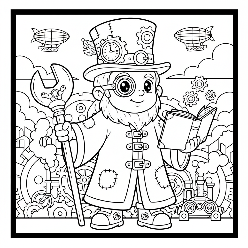 Wizard coloring page for everyone - Steampunk style