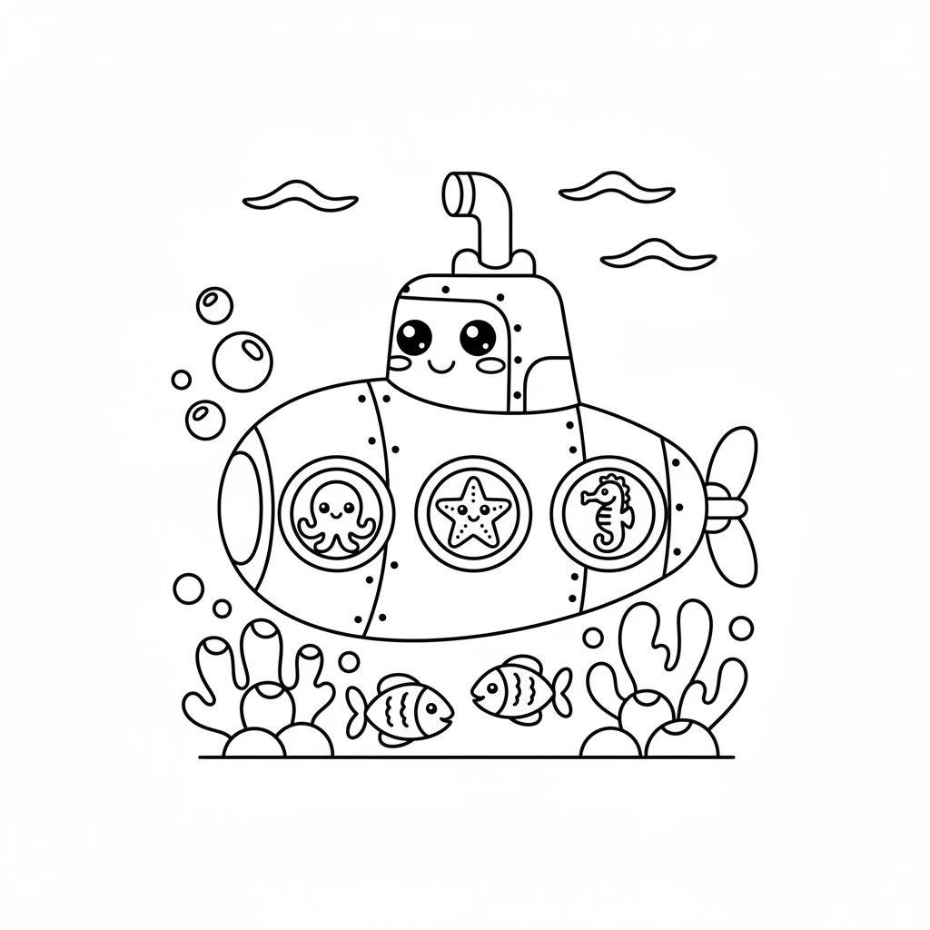 Submarine coloring page for adults - Standard style