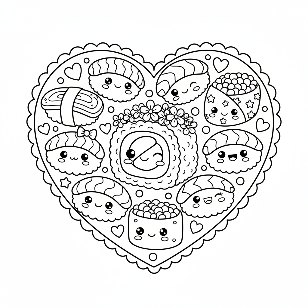 Free printable Sushi coloring page for Girls. High-quality black and white coloring sheet designed for Girls. Perfect for creativity and fun.