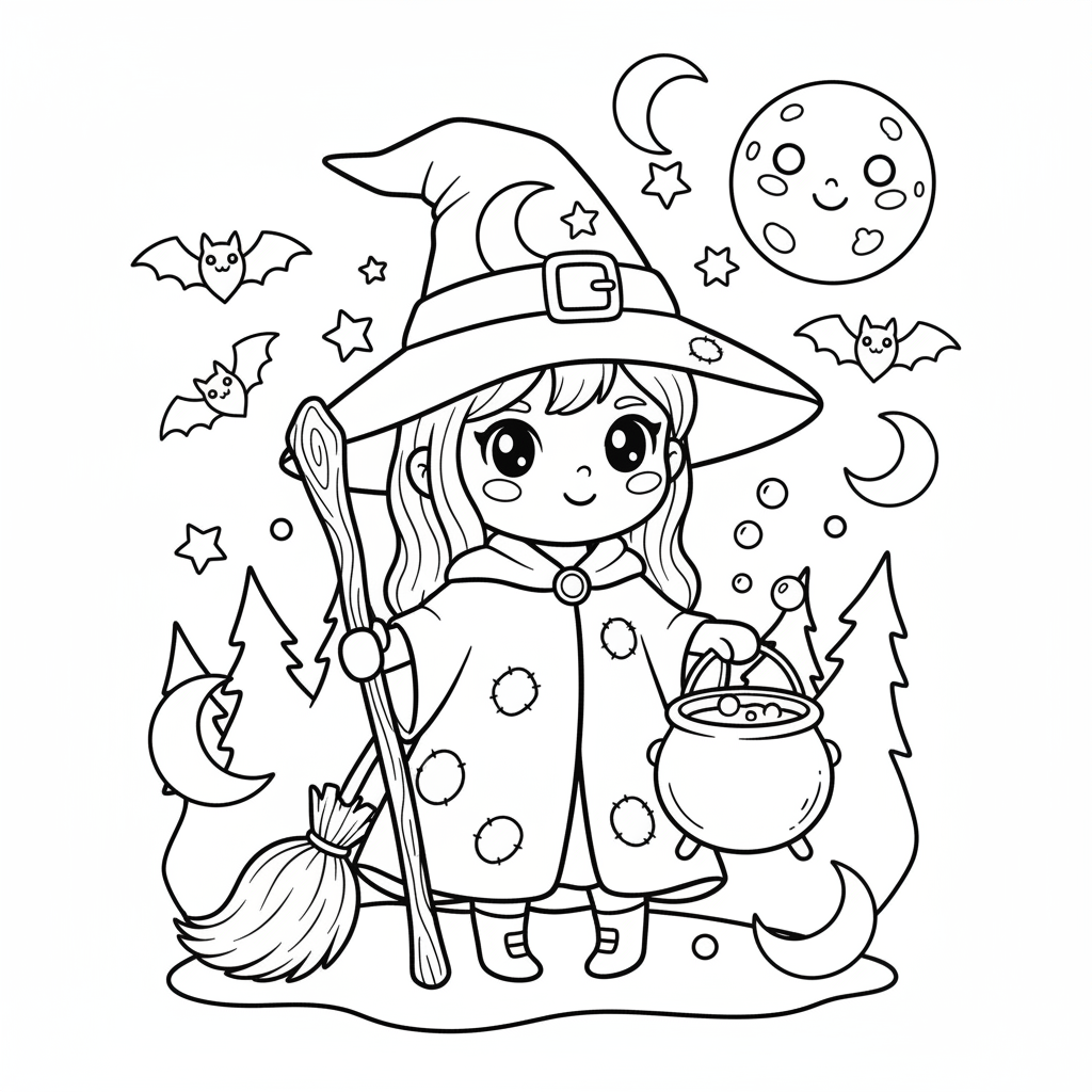Free printable Witch coloring page for Beginners. High-quality black and white coloring sheet designed for Beginners. Perfect for creativity and fun.