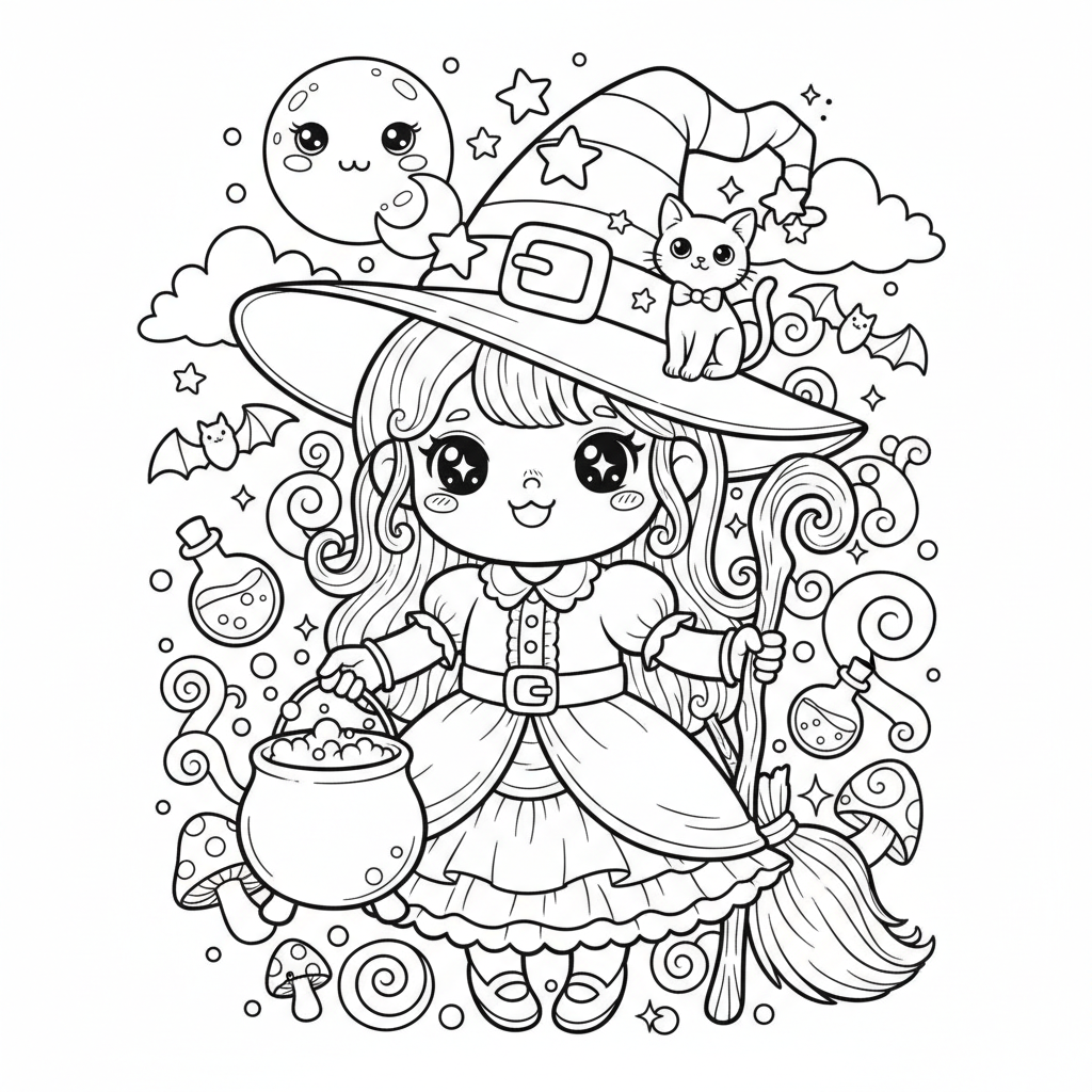 Witch coloring page for experts - Standard style