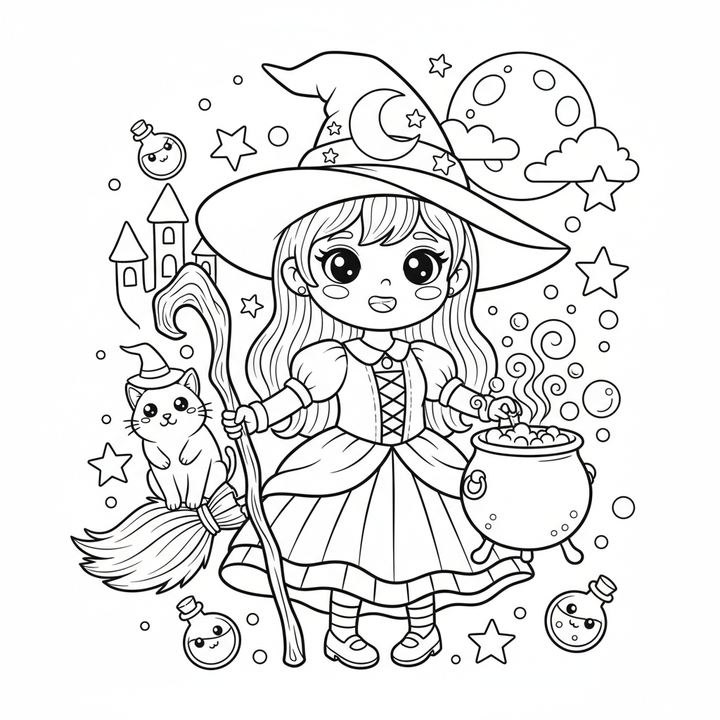 Free printable Witch coloring page for Girls. High-quality black and white coloring sheet designed for Girls. Perfect for creativity and fun.