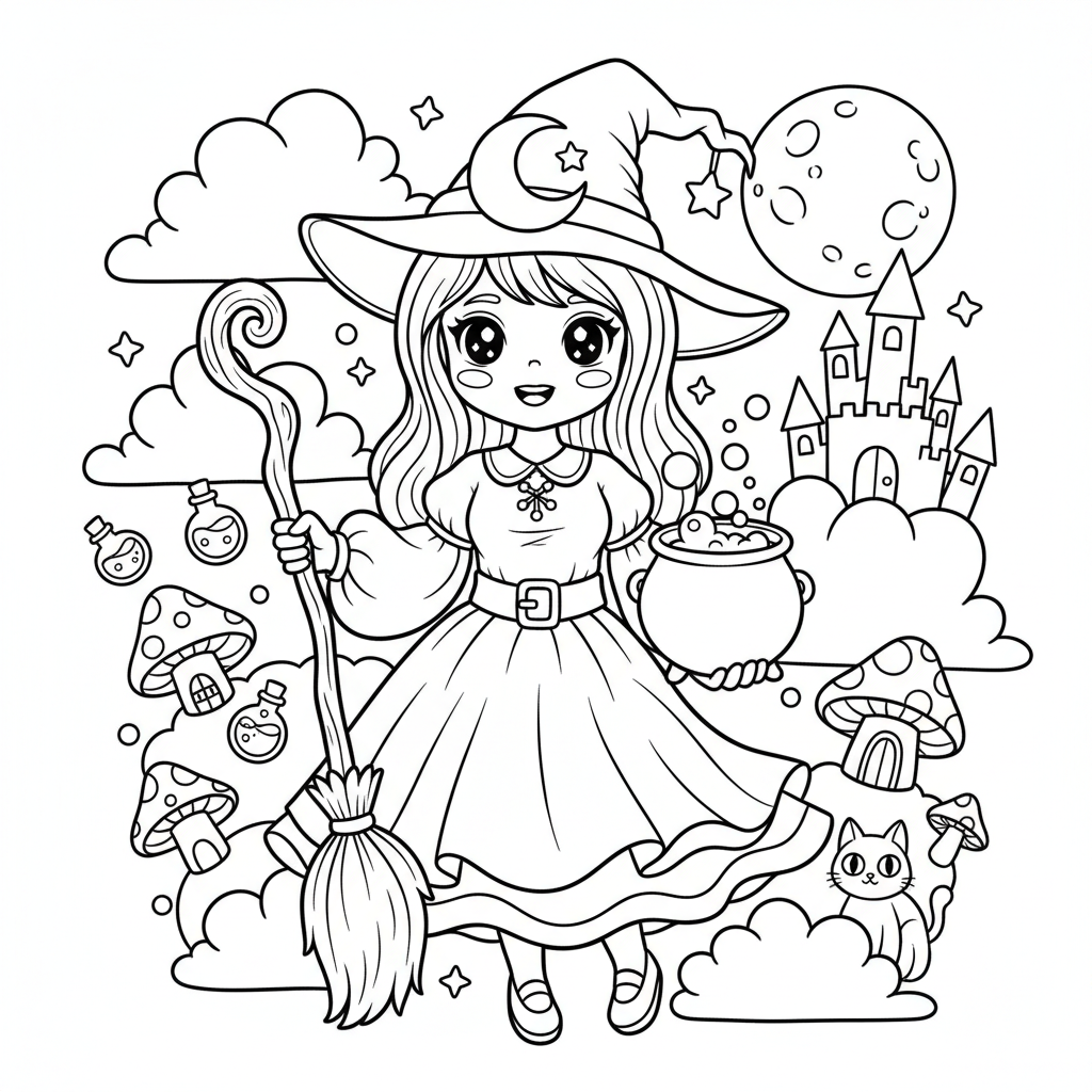 Free printable Witch coloring page for Women. High-quality black and white coloring sheet designed for Women. Perfect for creativity and fun.